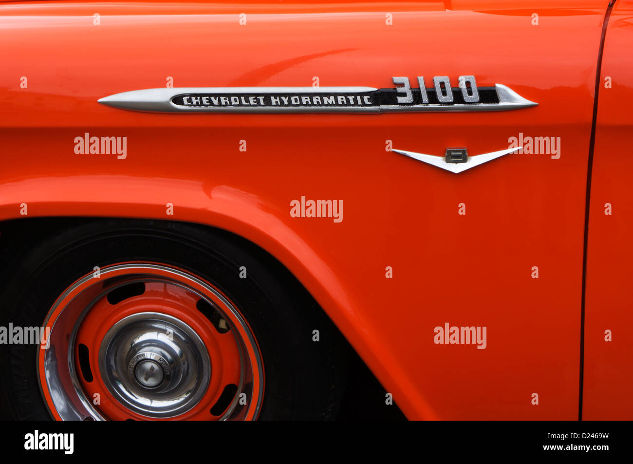 Name badge on the side of a customised Chevrolet Hydramatic 3100 pickup truck. Stock Photo