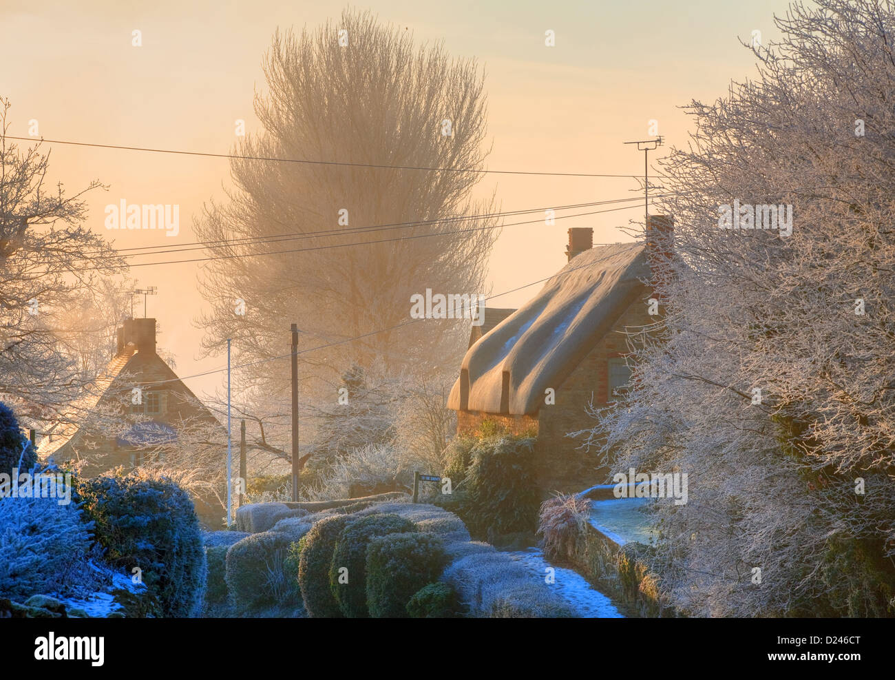 Winters morning in the Cotswold village of Ebrington, England Stock Photo