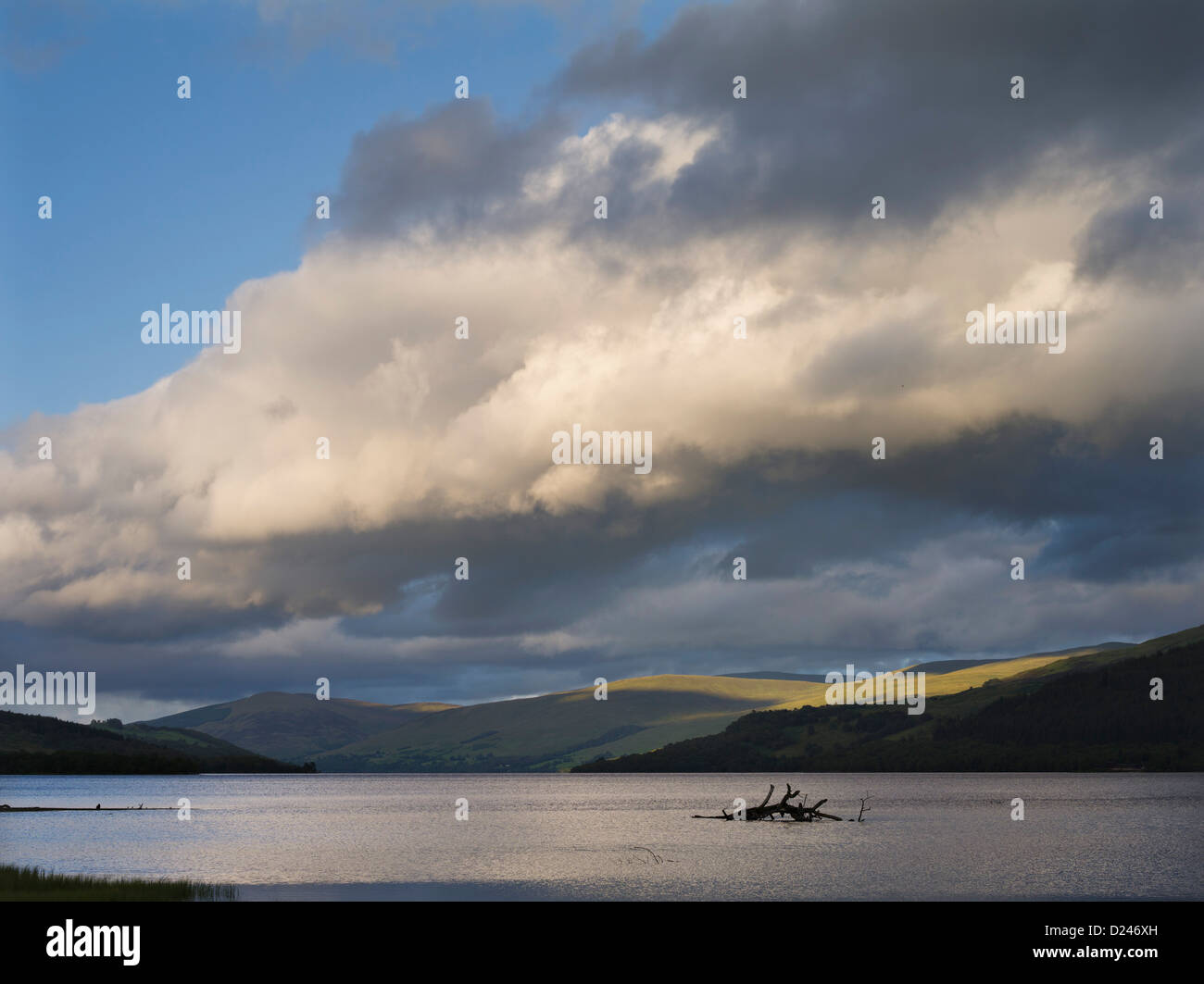 Dramatic evening cloud over still water with distant hills and stranded debris Stock Photo