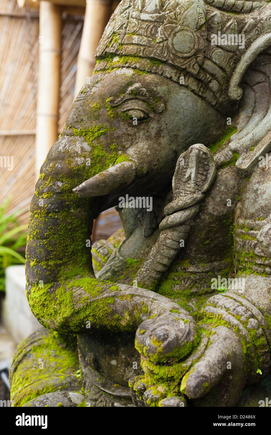 Stone Ganesh with moss growing on his face in Bali Stock Photo