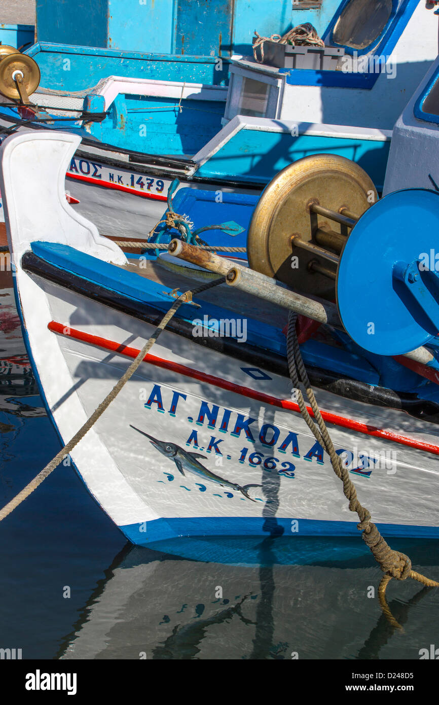 Greek fishing boat prow with name and picture, Vathy, Kalymnos, Greece Stock Photo