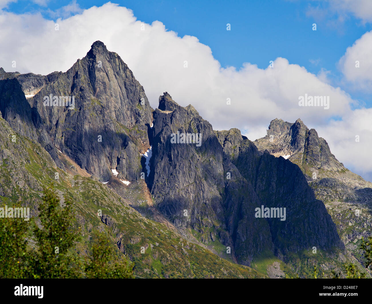 Rocky peaks of the Gullesfjord region of Hinnoya in northern Norway Stock Photo