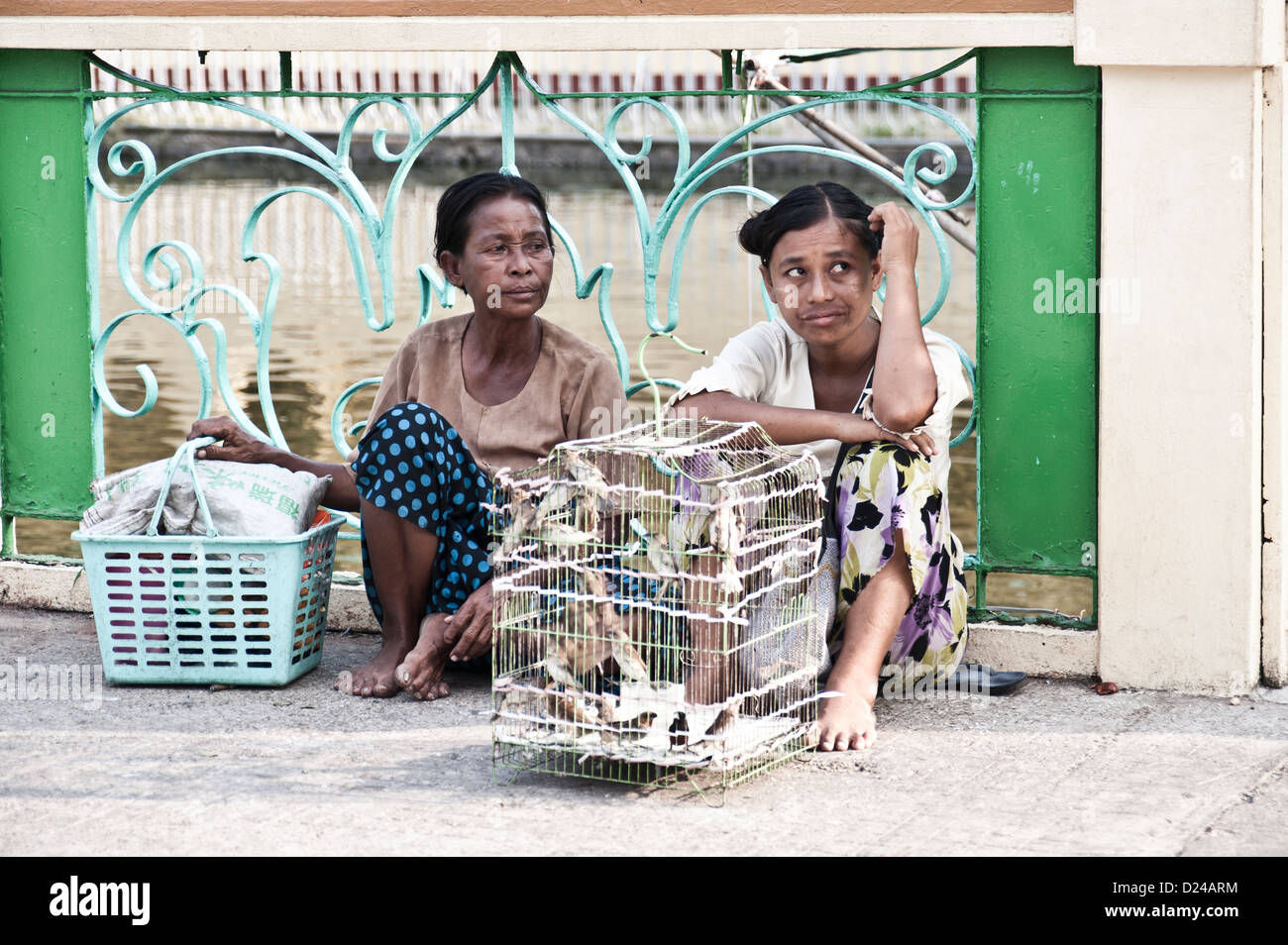 Women selling caged birds (to be freed for karma points) outside Buddhist temple Stock Photo