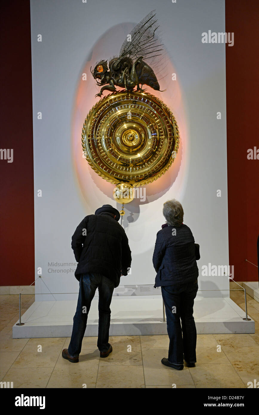 Whimsical clock, Midsummer chronophage, that eats time, at Scottish National Museum.  Based on work by  John Harrison. Stock Photo