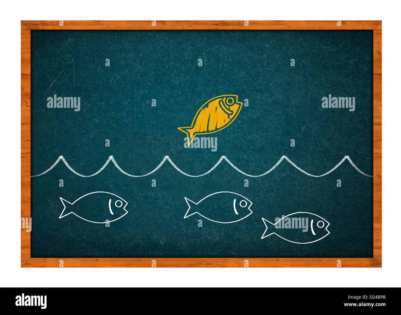Golden fish jumping from the water and taking advantage, drawing on a green chalkboard. Stock Photo