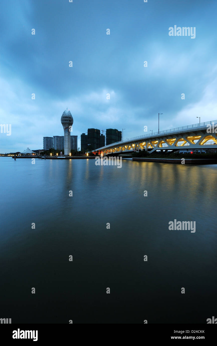 Huangpu riverside blue water with hanging bridge in the evening, Xuhui District, Shanghai City. Stock Photo