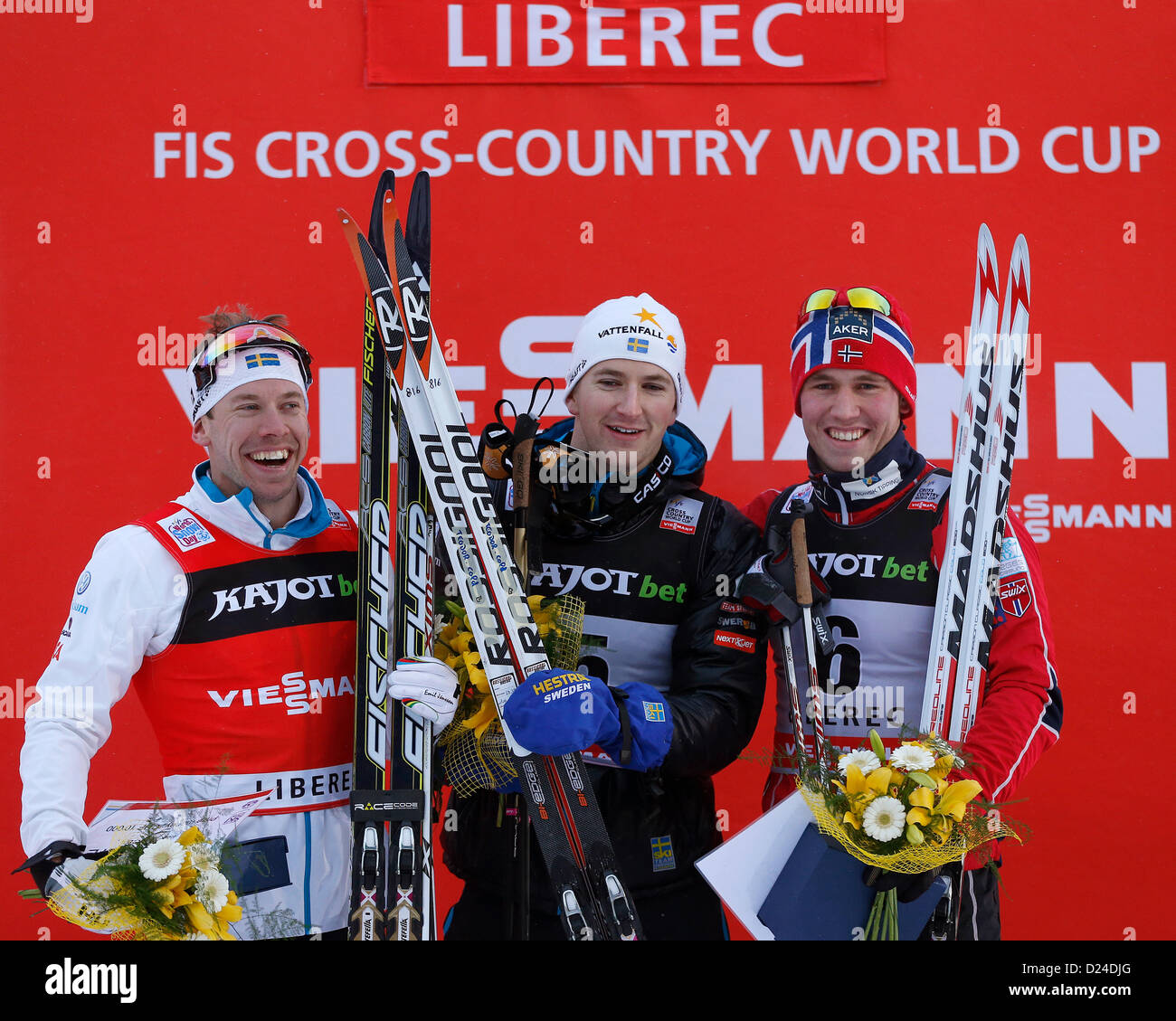 FIS Cross-Country Skiing World Cup, 2012-13, Teodor Peterson from Sweden (centre) won sprint in classic style, men, in Liberec, Czech Republic, January 12, 2013. Second placed Emil Jonsson from Sweden (left) and third placed Paal Godberg from Norway (right) are seen in Liberec, Czech Republic, January 12, 2013. (CTK Photo/Radek Petrasek) Stock Photo