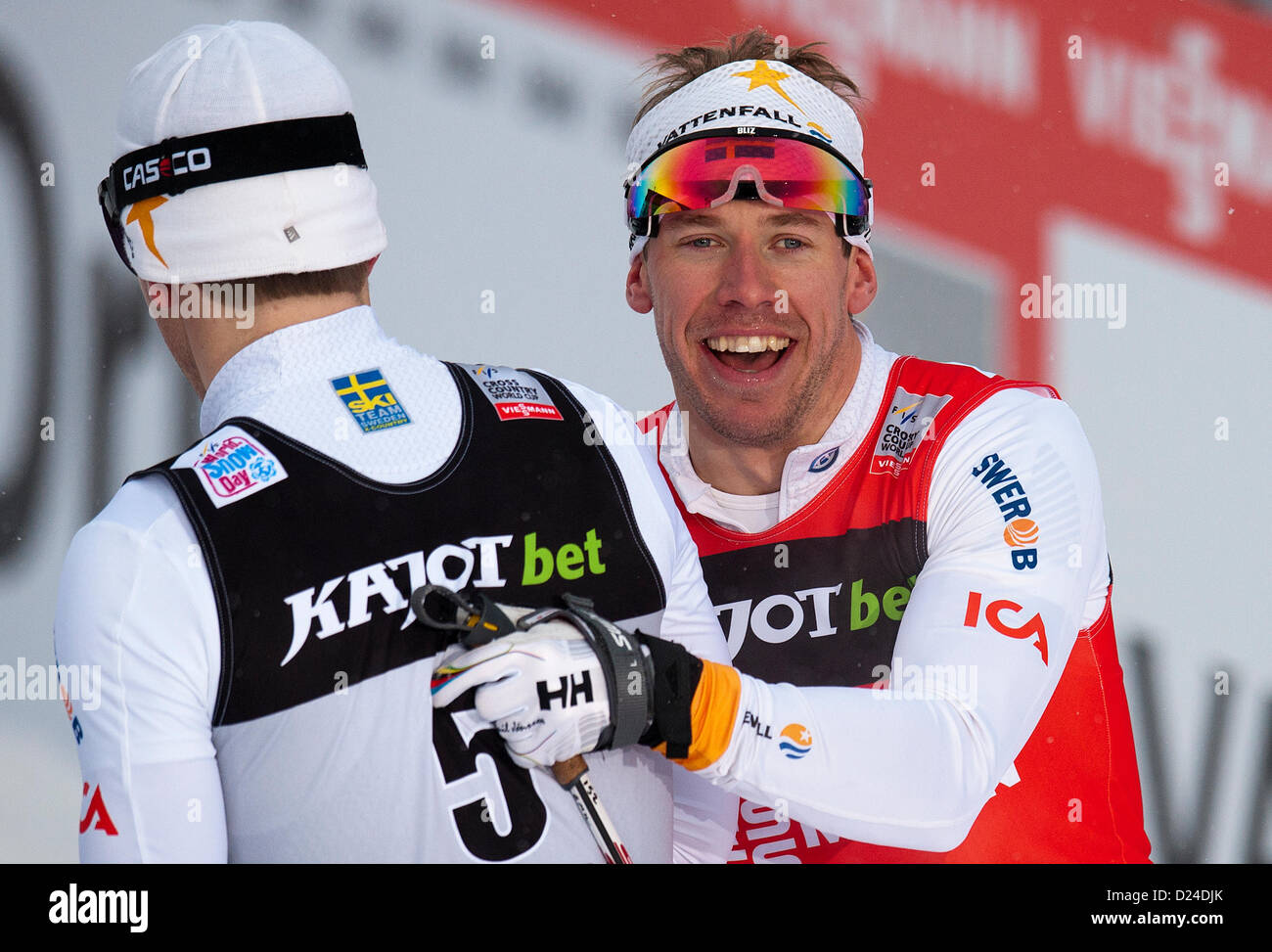 FIS Cross-Country Skiing World Cup, 2012-13, Teodor Peterson from Sweden (left) won sprint in classic style, men, in Liberec, Czech Republic, January 12, 2013. Second placed was Emil Jonsson from Sweden. (CTK Photo/Radek Petrasek) Stock Photo