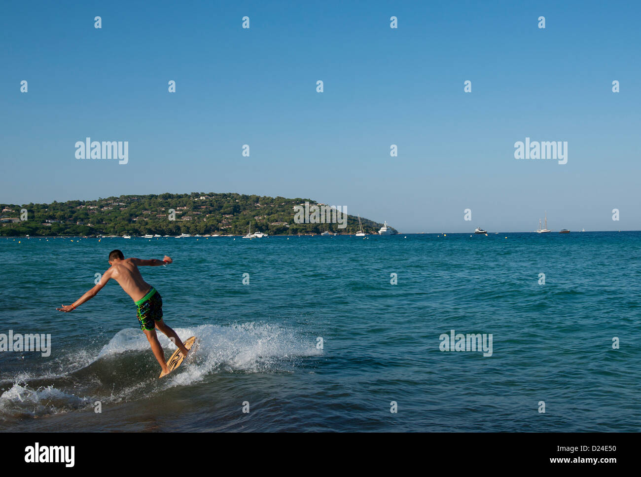 Men, Boy, Surfing, Board, Sand, Sun, Beach, Tahiti, Plage Tahiti, Sea, Sant Tropez, St. Tropez, France, Europe Stock Photo