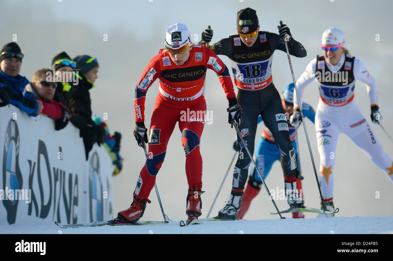Norwegian skier Maiken Caspersen Falla (left), Ida Sargent (centre) from USA and  Magdalena Pajala (right) from Sweden are seen during the women´s team race of FIS Cross-Country Skiing World Cup 2012-13 in Liberec, Czech Republic, January 13, 2013. (CTK Photo/Michal Kamaryt) Stock Photo