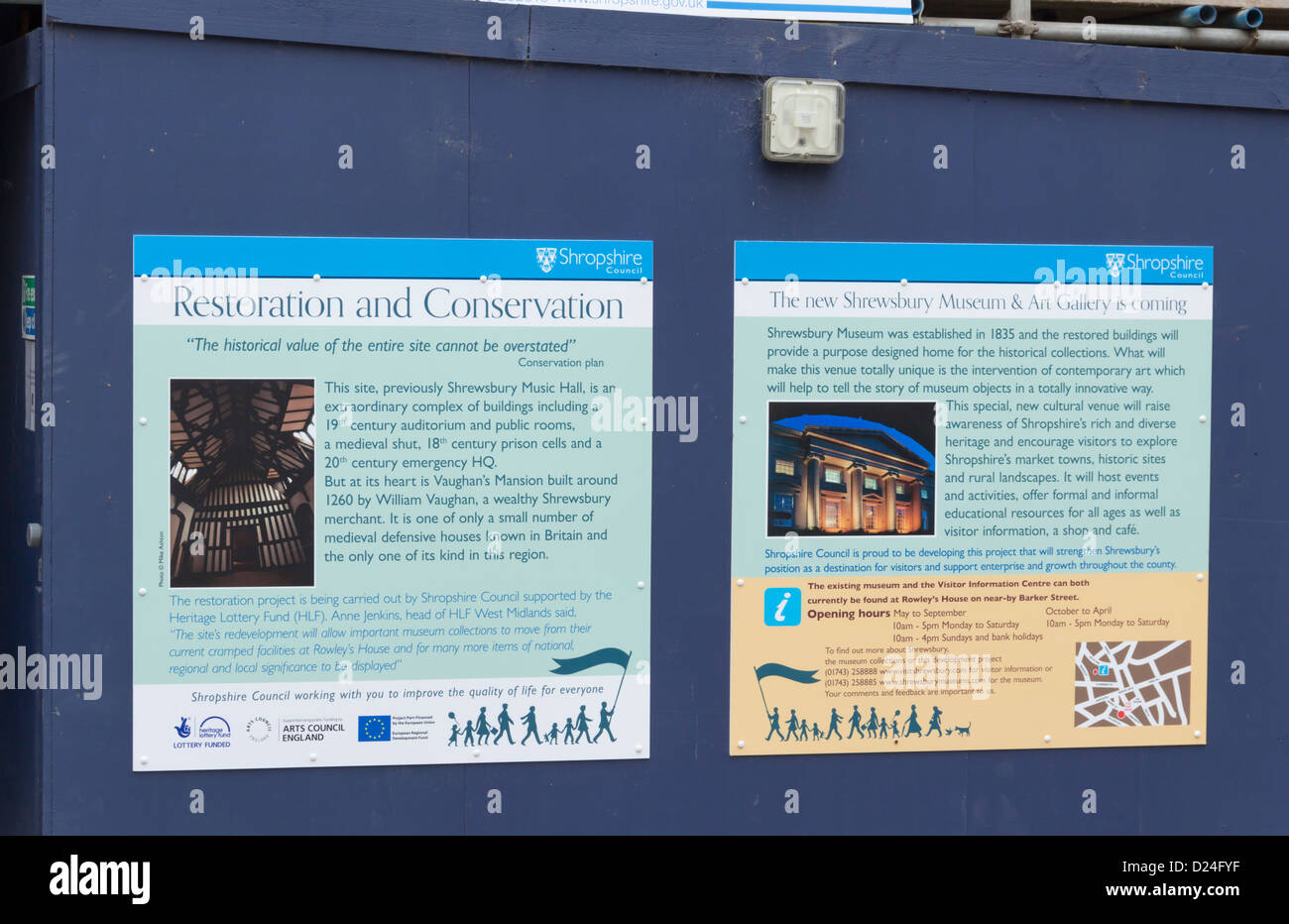 Sign outside the Shrewsbury Music Hall building giving information on the restoration and conservation work in progress. Stock Photo