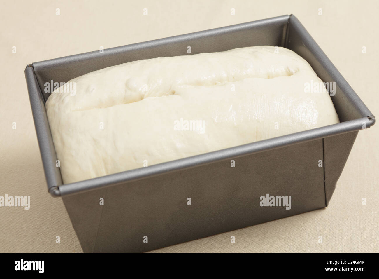Bread dough in a baking tin after rising, when it is ready for the oven Stock Photo