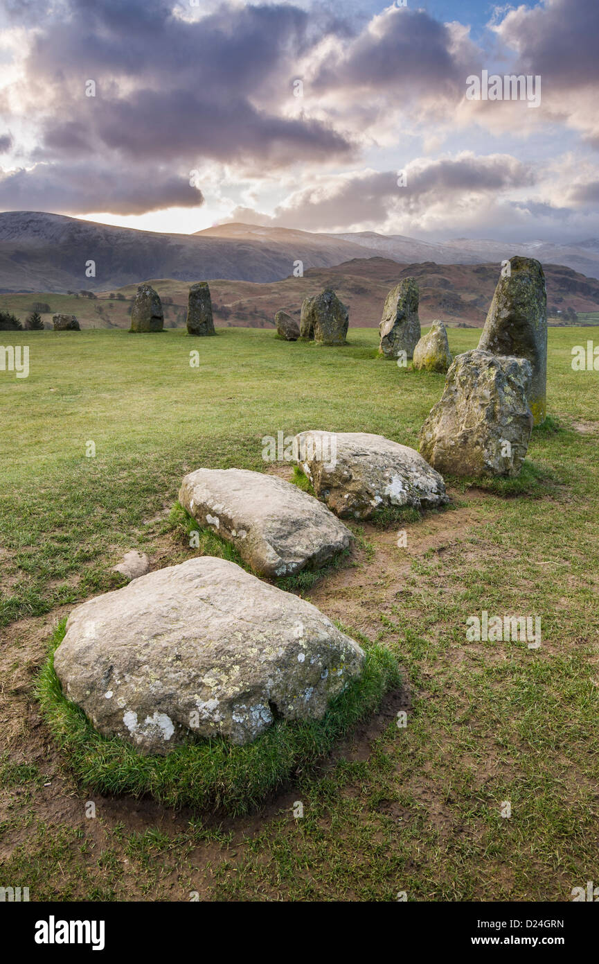 Dramatic sunrise light over Castlerigg Stone circle, Near Keswick, Lake District, UK Stock Photo