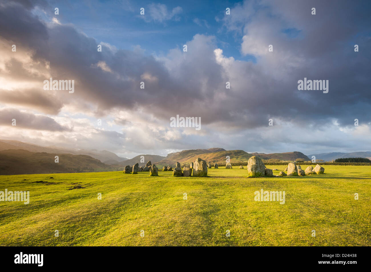 Dramatic sunrise light over Castlerigg Stone circle, Near Keswick, Lake District, UK Stock Photo