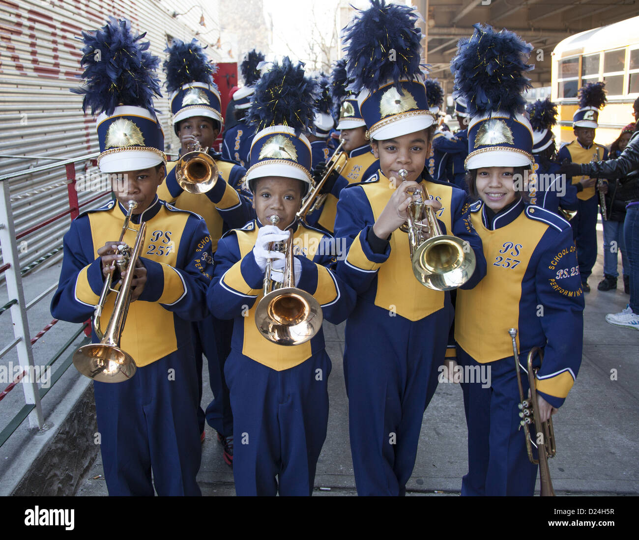 Members of the PS 257 elementary school marching band perform at the 3 Kings Day Parade in Brooklyn, NY. Stock Photo
