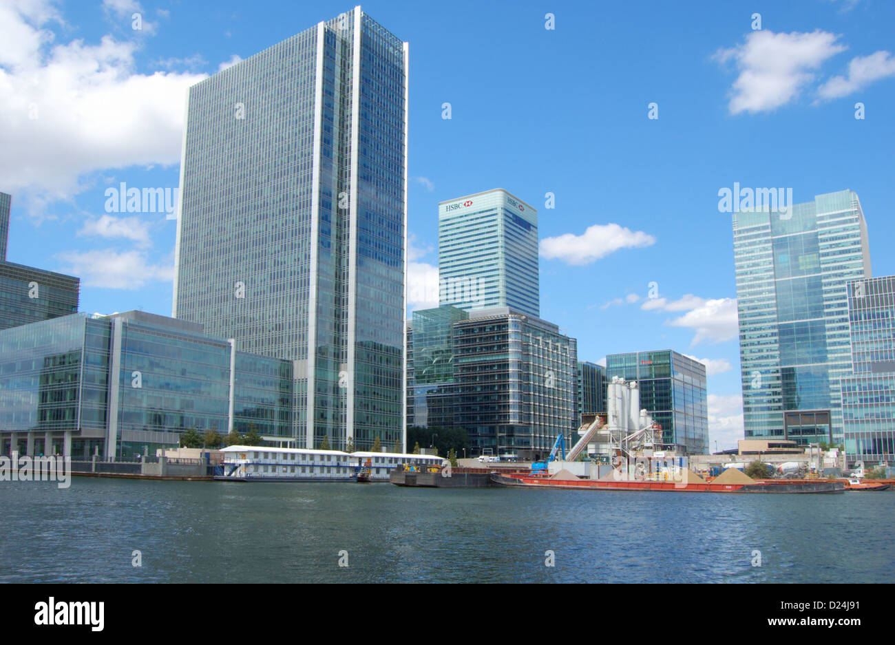 Office buildings and dock at Canary Wharf in London, England Stock ...