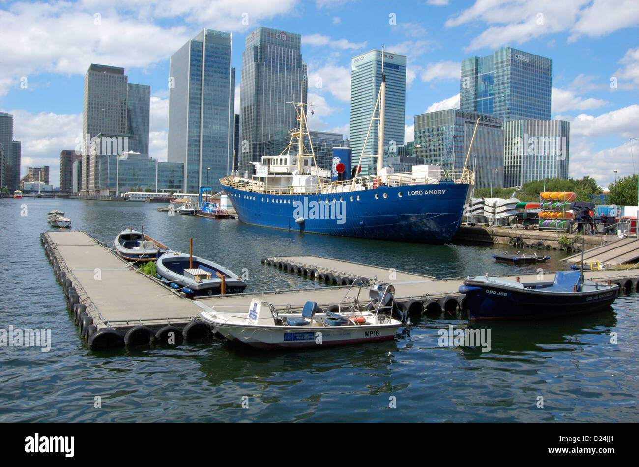 Canary Wharf Skyline and boats in a dock in London, England Stock Photo ...