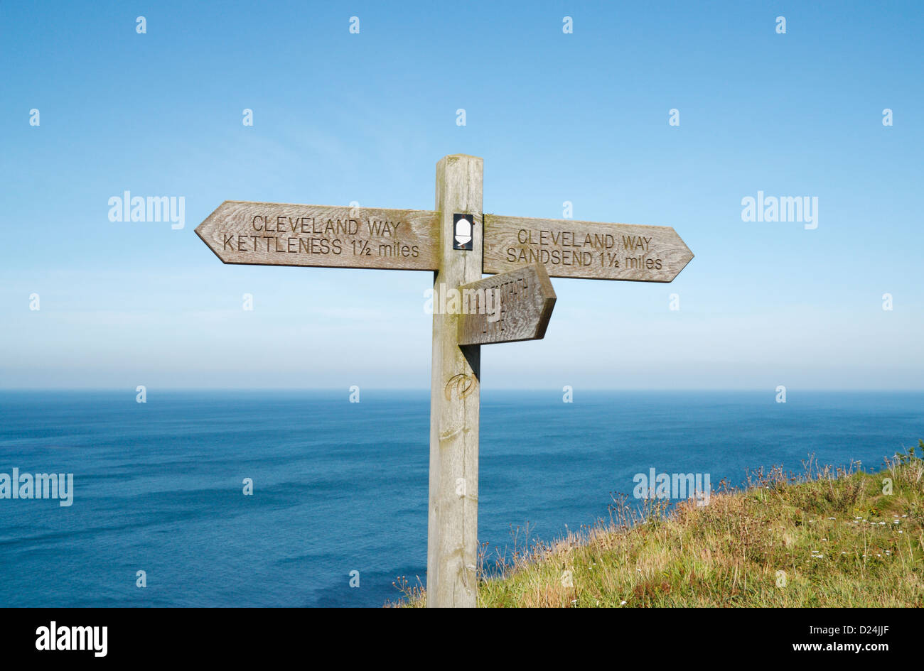 The Cleveland Way footpath sign on North Yorkshire coast near Sandsend, Whitby, England, UK Stock Photo