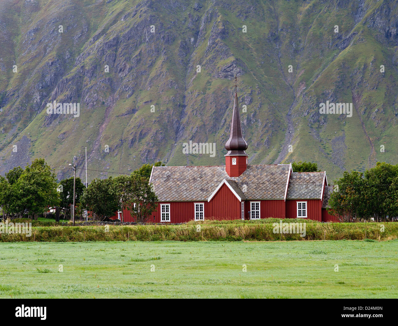 East European-style onion-dome church at Flakstad, Lofoten, arctic Norway Stock Photo