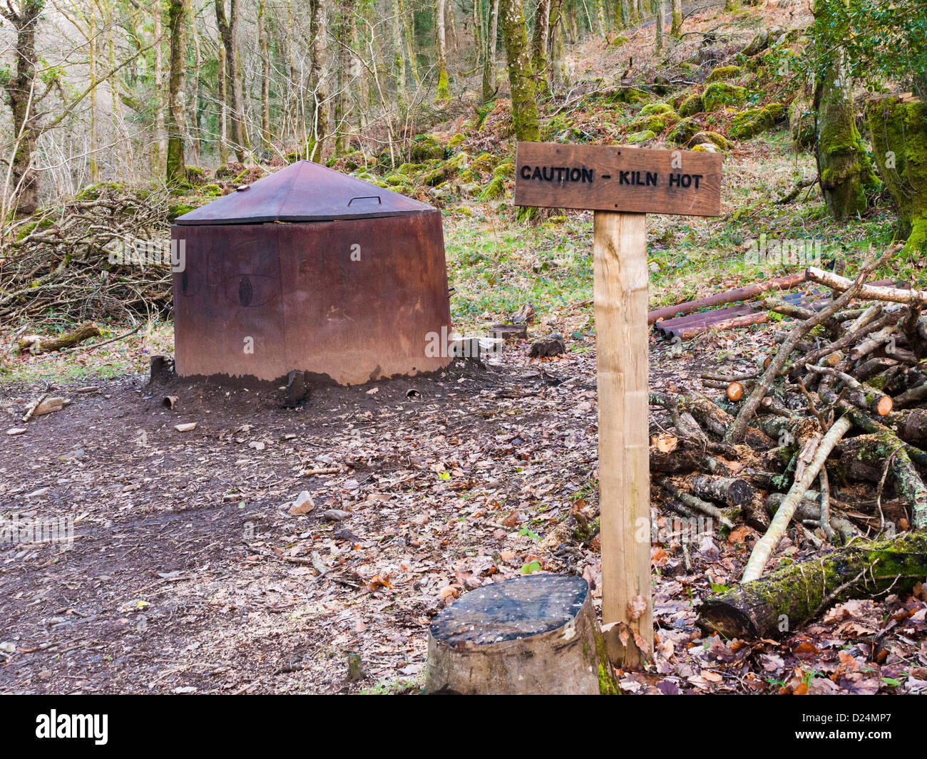 A charcoal kiln in woodland in the Teign Valley, Dartmoor near