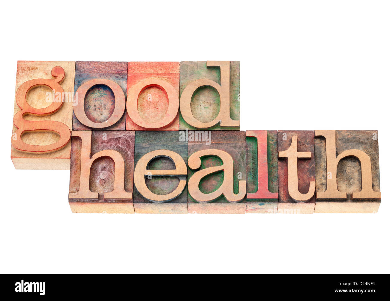 good health - wellness concept - isolated text in vintage letterpress wood type printing blocks Stock Photo