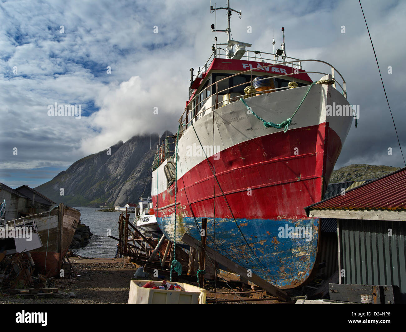 Fishingboat in for repair at the boatyard at Sund, Lofoten, arctic Norway Stock Photo