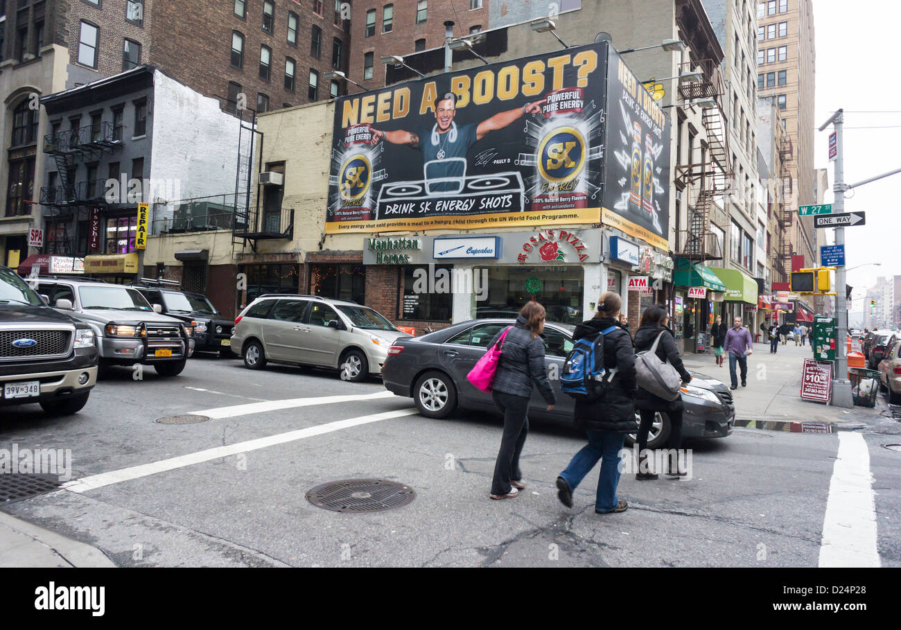 Advertising for SK Energy Shots energy drink on a billboard in New York Stock Photo