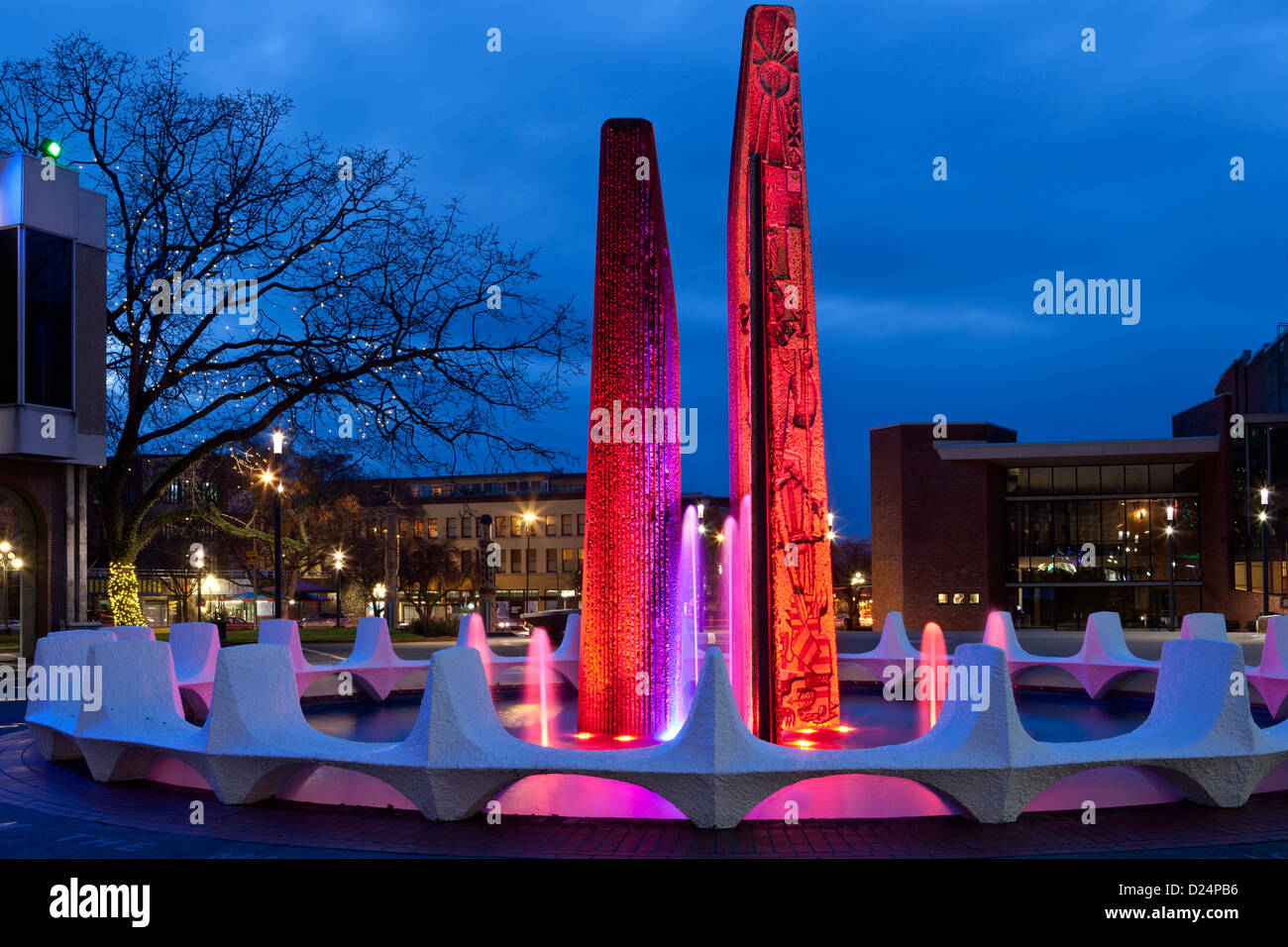 Centennial Square and fountain lit up for Christmas season.Victoria