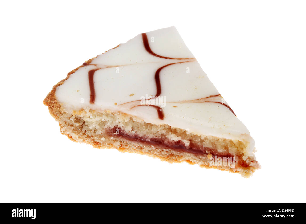 Slice of iced Bakewell tart isolated against white Stock Photo