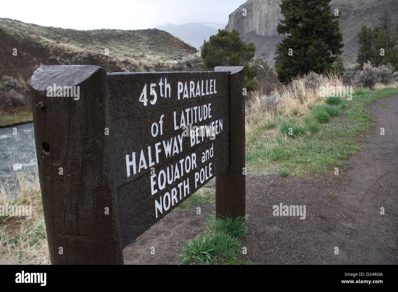 45th parallel sign Yellowstone National Park Wyoming Latitude halfway between equator and North Pole Stock Photo