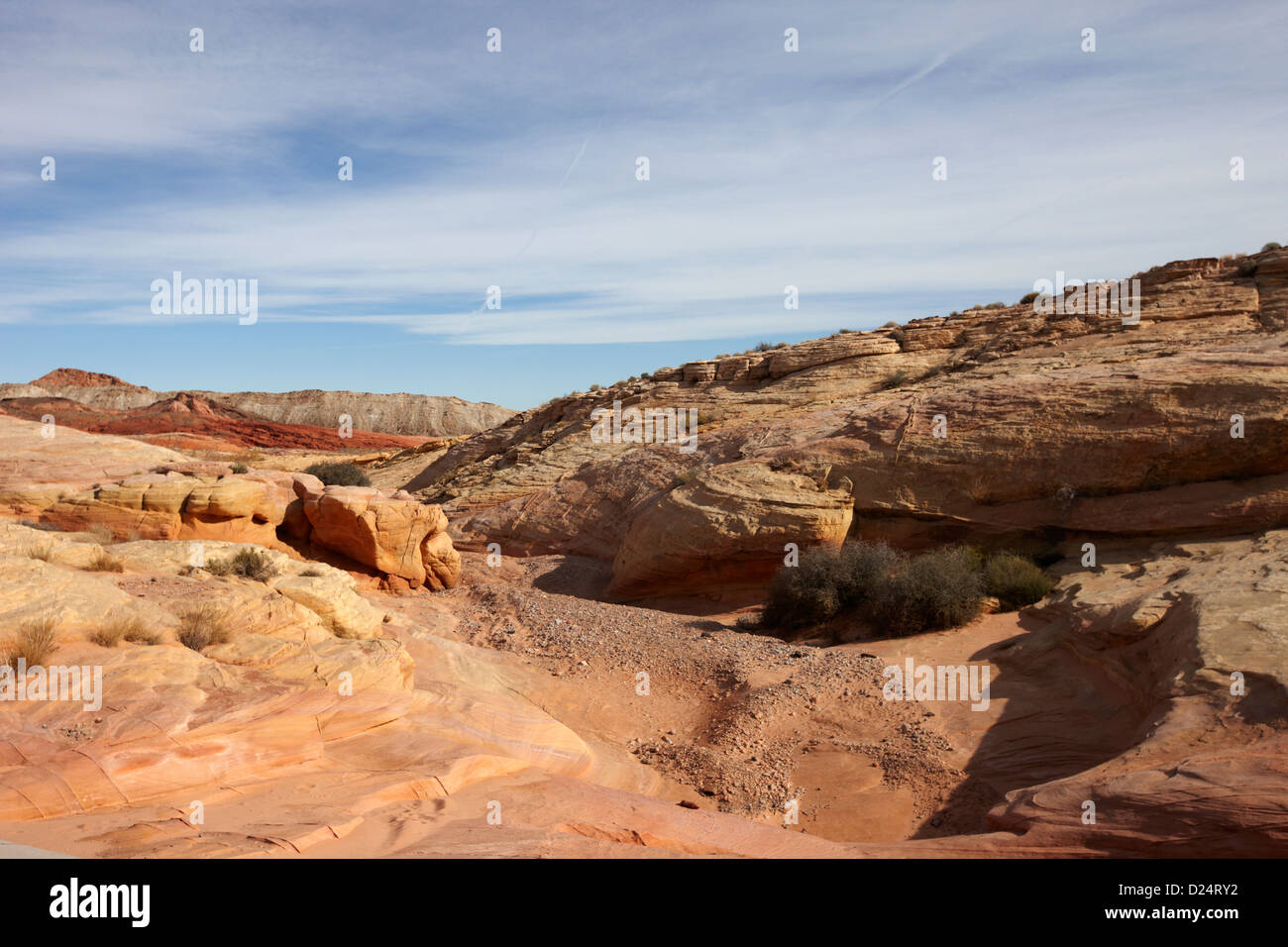 dry river bed rainwater runoff area through the valley of fire state park nevada usa Stock Photo