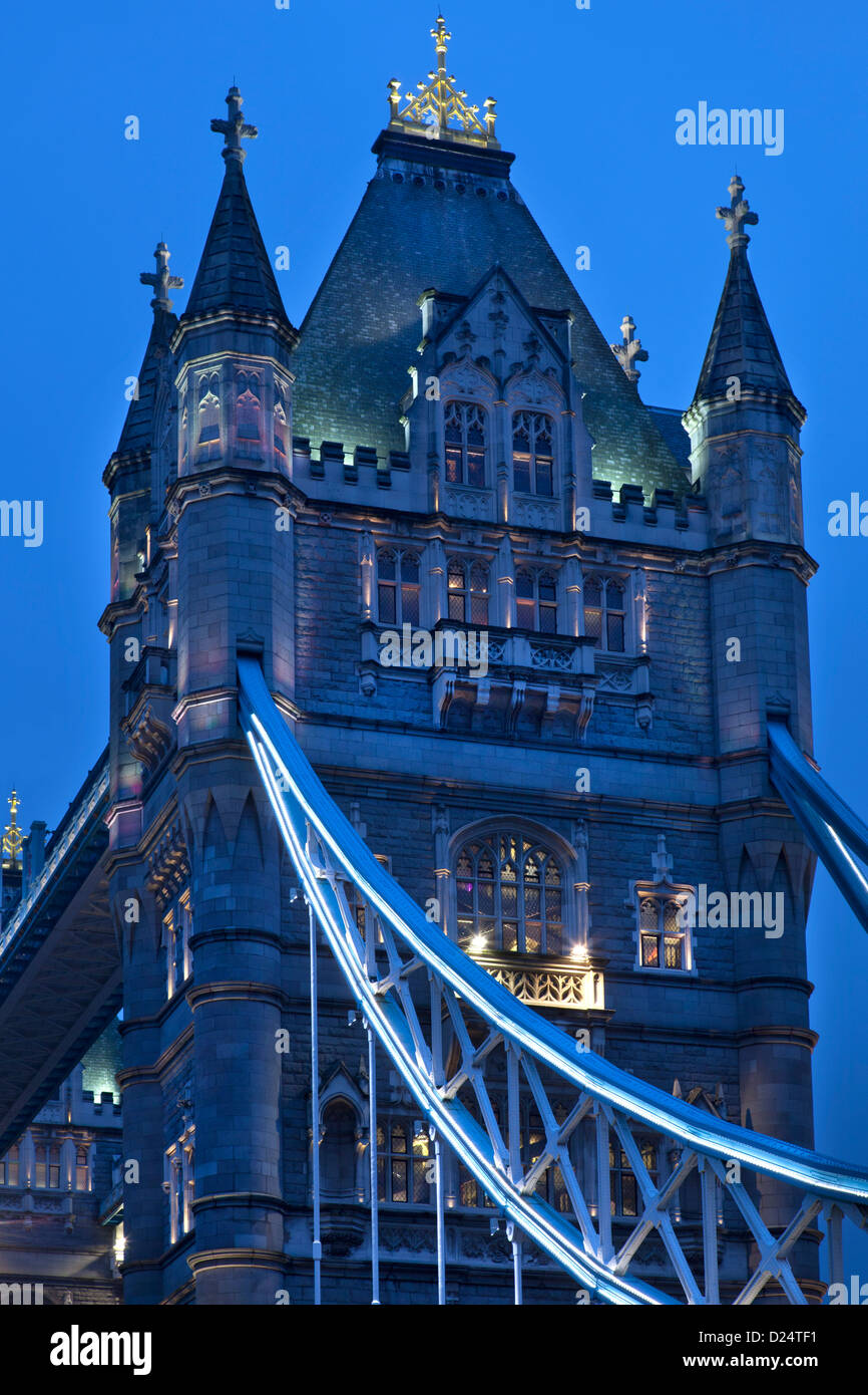 Close-up of Tower Bridge at night from southbank, London, England Stock Photo