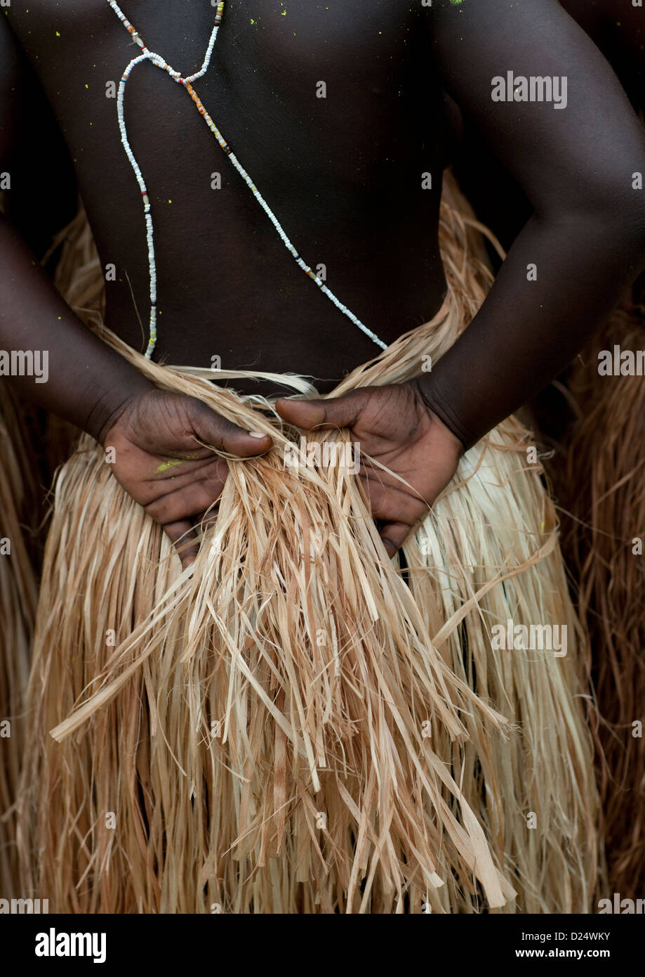 Woman With Pandanus Skirt From Autonomous Region Of Bougainville, Papua New Guinea Stock Photo