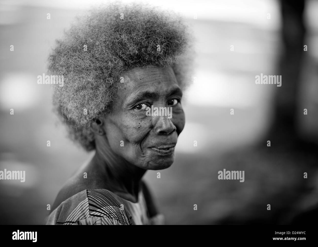 Old Woman With White Hair, New Ireland Island, Kapleman Village, Papua New Guinea Stock Photo