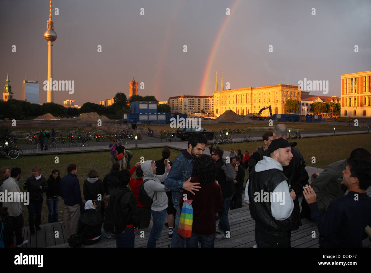 Berlin, Germany, Party under cloudy skies and rainbows in BerlinMitte