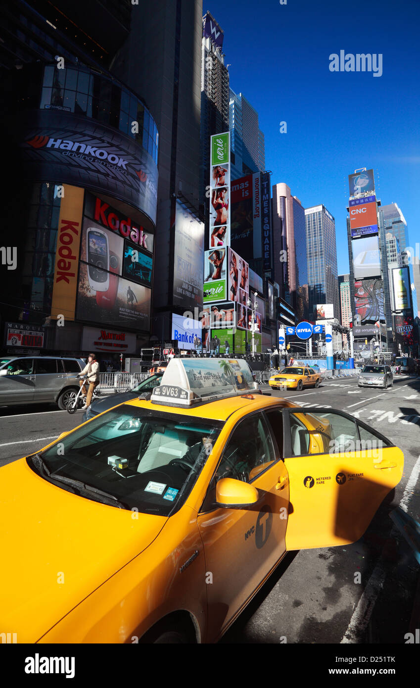 Yellow taxi in Manhattan, New York. Stock Photo