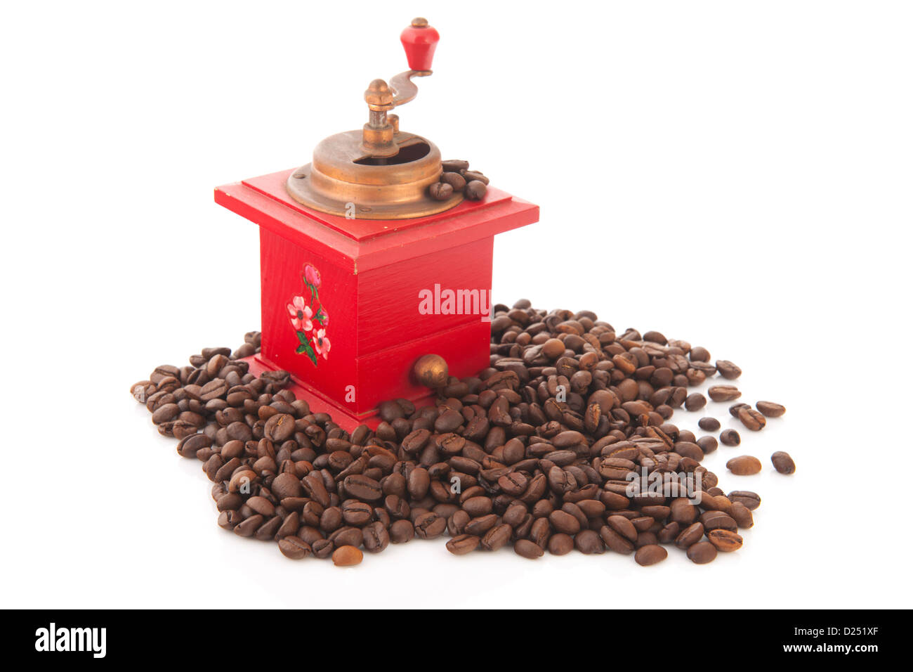 Antique red coffee grinder with beans Stock Photo Alamy
