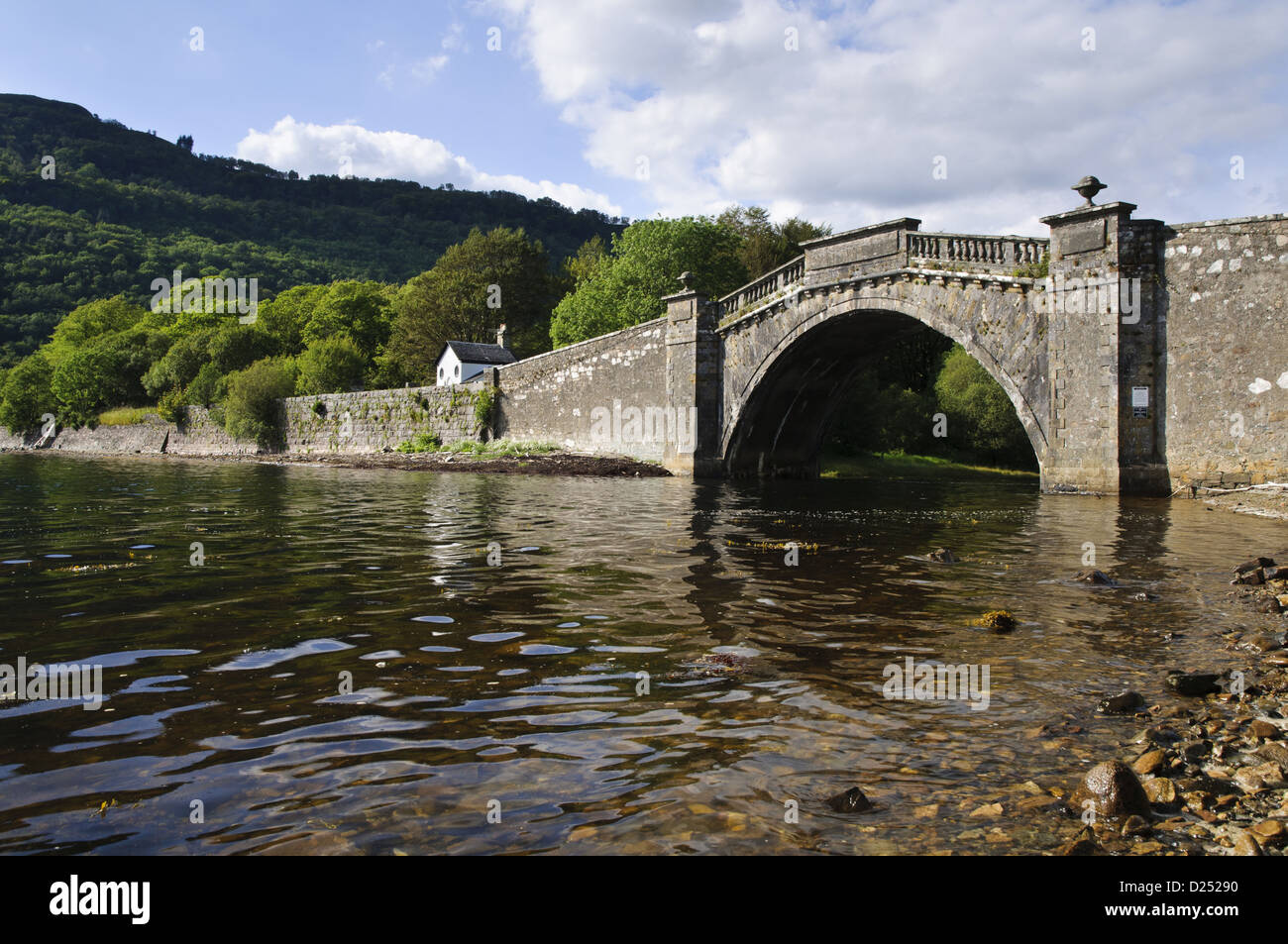 Arched stone bridge at head of sea loch, Loch Fyne, Argyll, Argyll and ...
