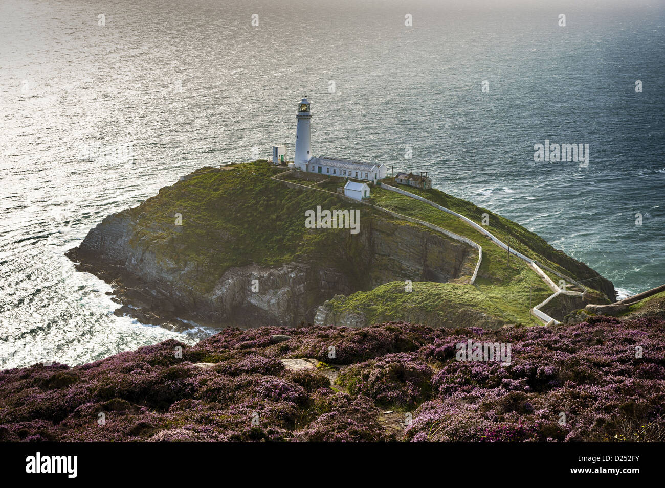 View of coastline and lighthouse, South Stack Lighthouse, Holyhead, Holy Island, Anglesey, Wales, August Stock Photo