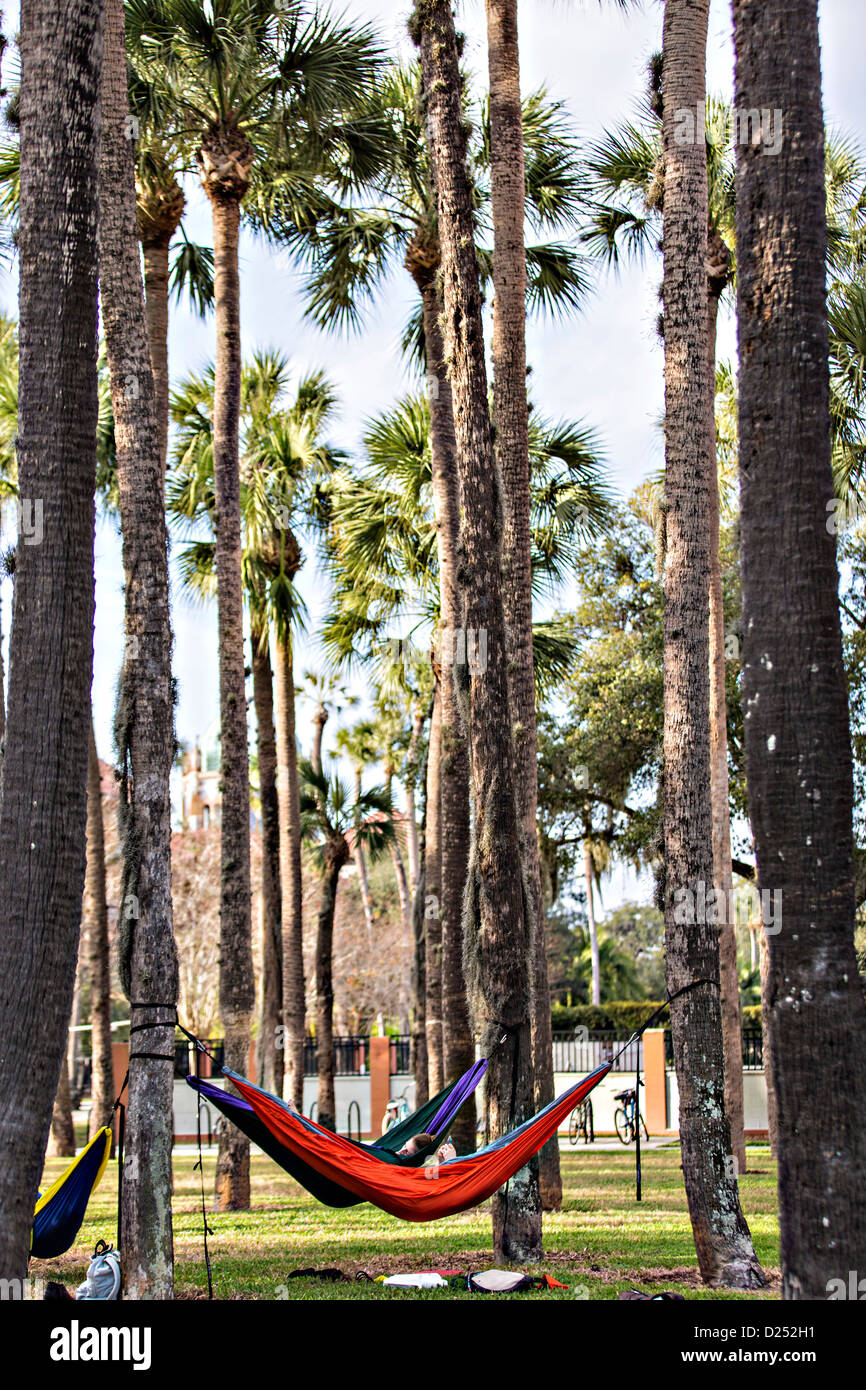 students lounge in hammocks at Flagler College in St. Augustine