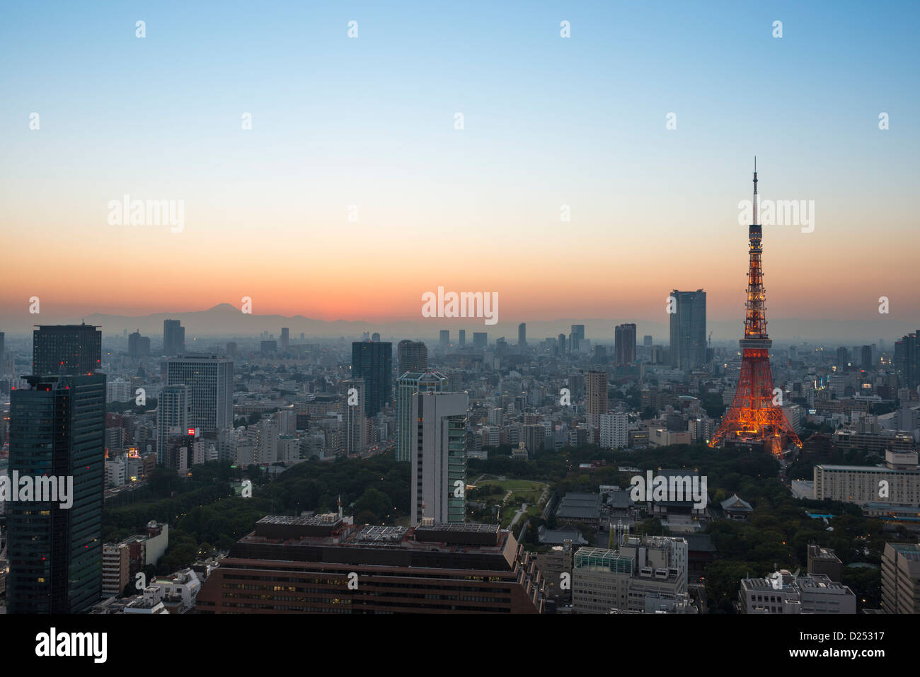 Tokyo Tower and Tokyo skyline at dusk with Mt Fuji in the background Tokyo Japan Stock Photo