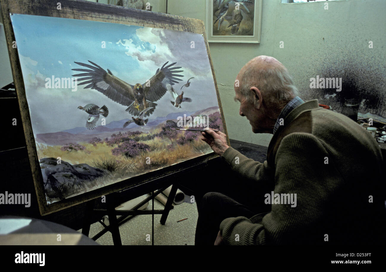 Wildlife artist J.C. Harrison (Jack) painting a Golden Eagle hunting