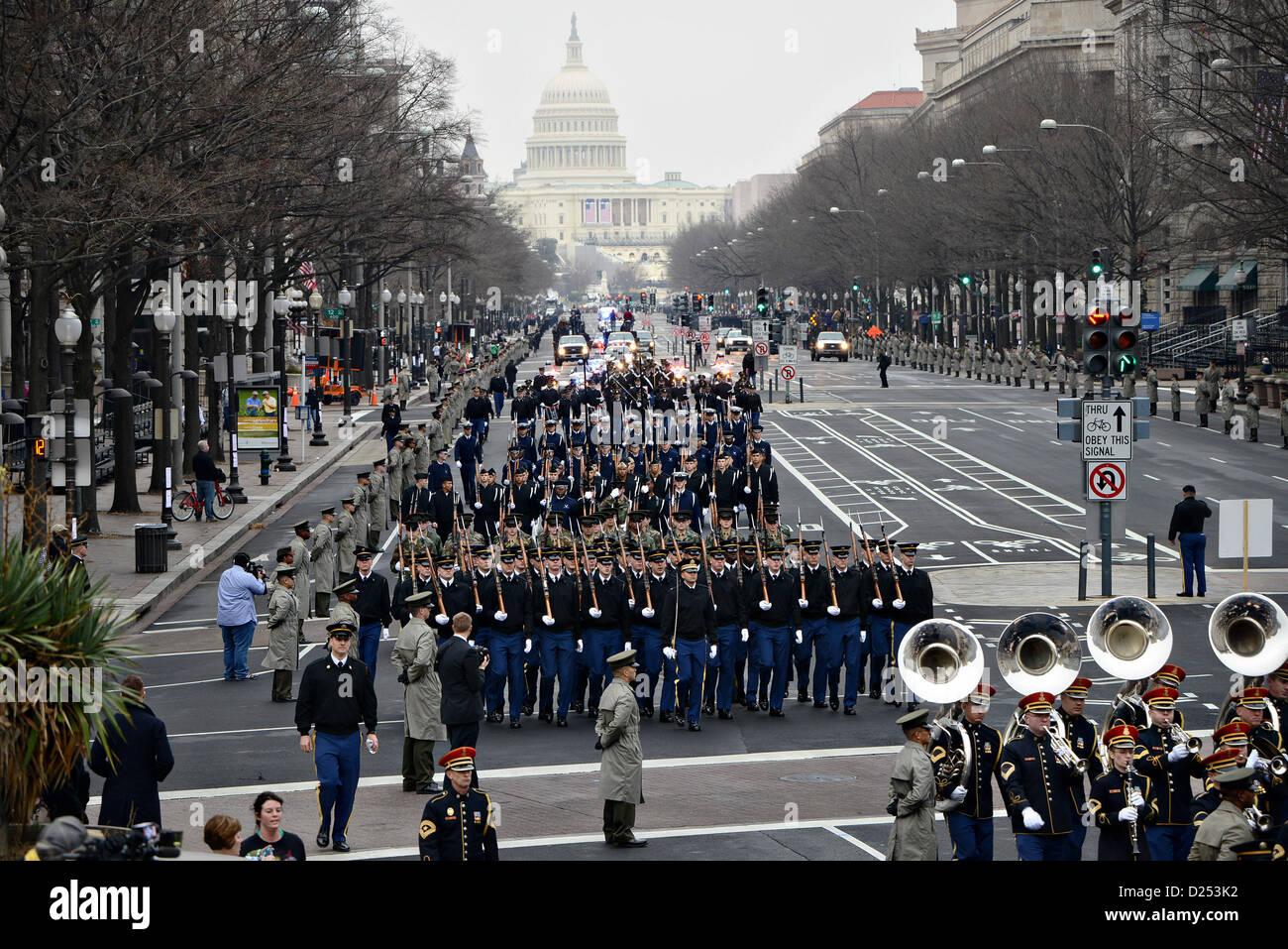 Washington DC, USA. 13th January 2013. US Service members with the Joint Task Force-National Capital Region participate in a dress rehearsal for the presidential inaugural parade January 13, 2012 in Washington, DC. The second inaugural for President Barack Obama will take place on January 21st. Stock Photo
