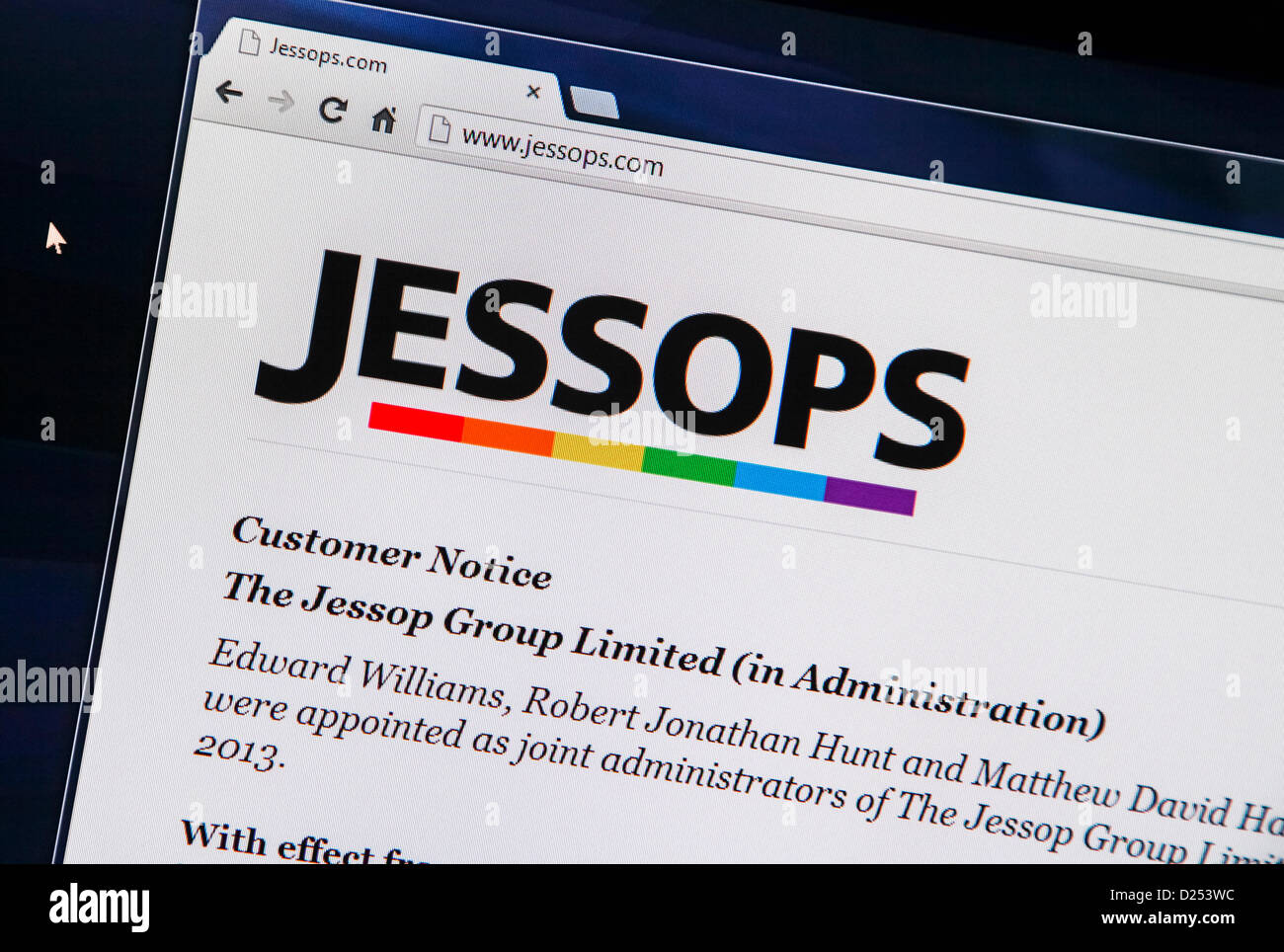Jessops website on the 14th January 2013 showing the company in administration Stock Photo