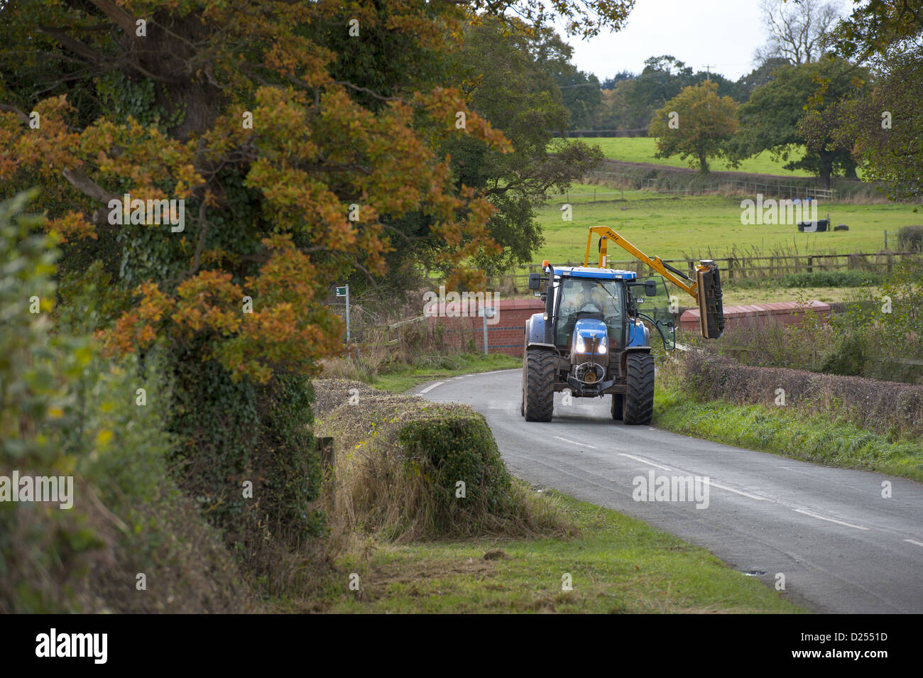 Mechanised hedge cutting, tractor with flail cutting hedgerow beside road, Tattenhall, Cheshire, England, November Stock Photo