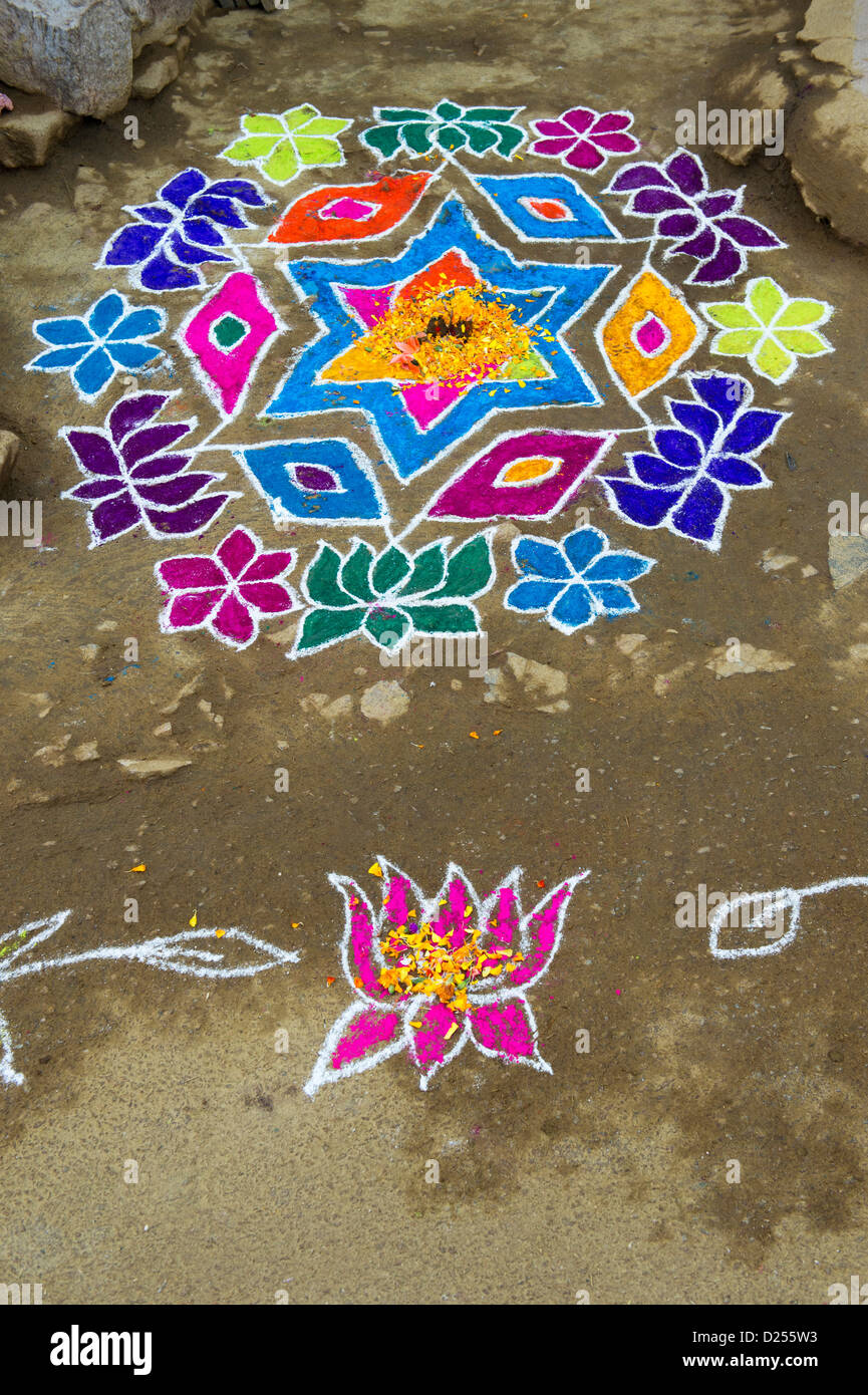 Indian village street with rangoli designs during the sankranthi festival. Andhra Pradesh, India. Stock Photo