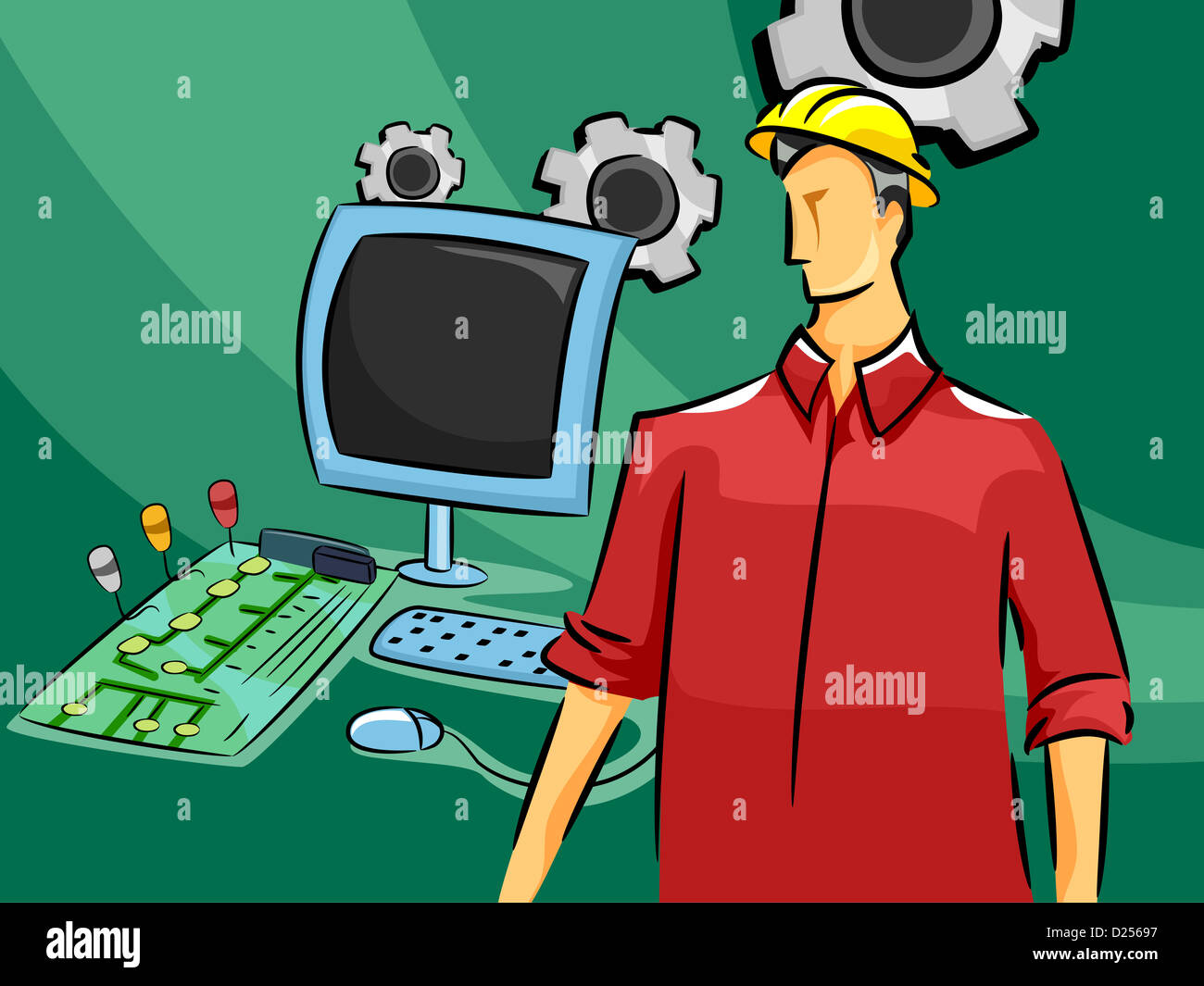 Illustration of a Male Computer Engineer Standing Beside a Computer, a