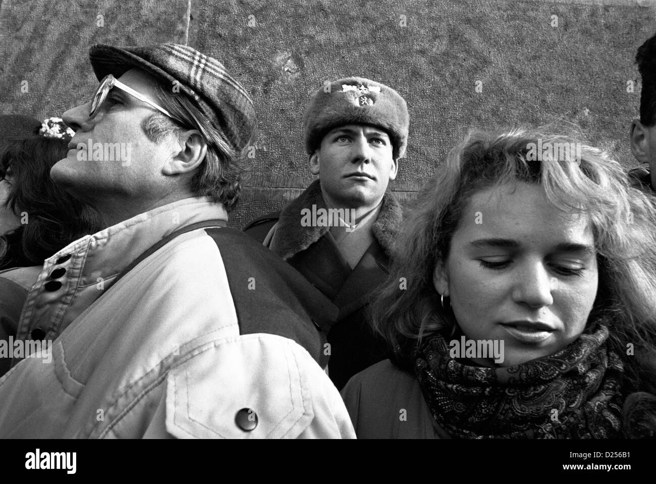 November 1989 Velvet Revolution. A soldier stands among the demonstrators in Wenceslas Square, Prague, Czechoslovakia. Stock Photo