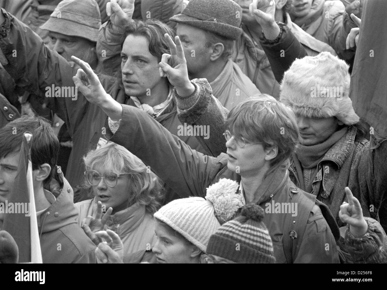 November 1989 Velvet Revolution. Demonstrators listening to Alexander
