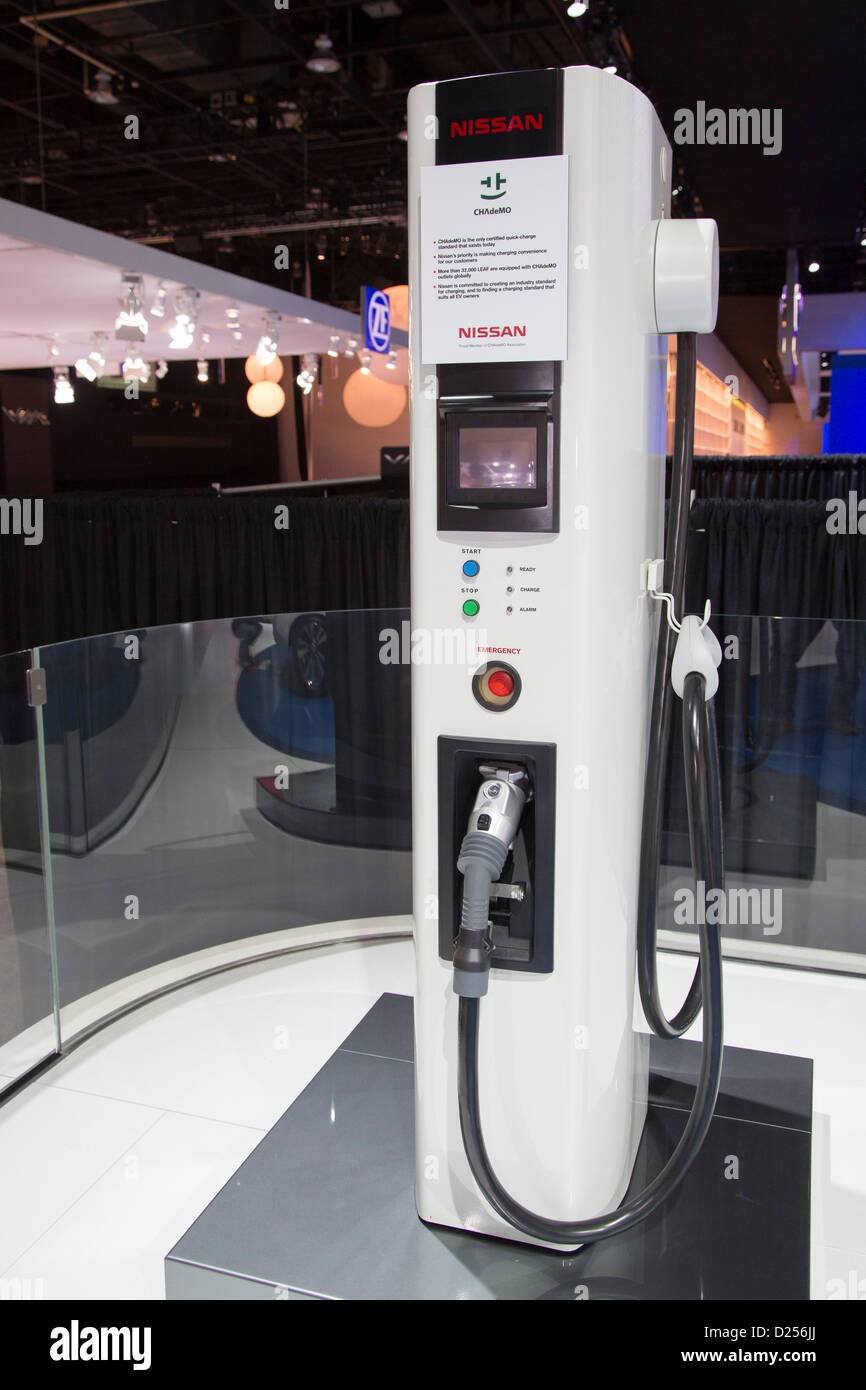 A 440-volt charging station for the electric Nissan Leaf, on display at the North American International Auto Show. Stock Photo